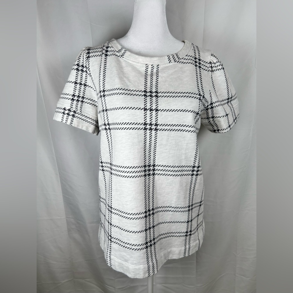 T.La Anthropologie Windowpane Plaid Top Women’s Medium Gray Cream Puff Sleeve